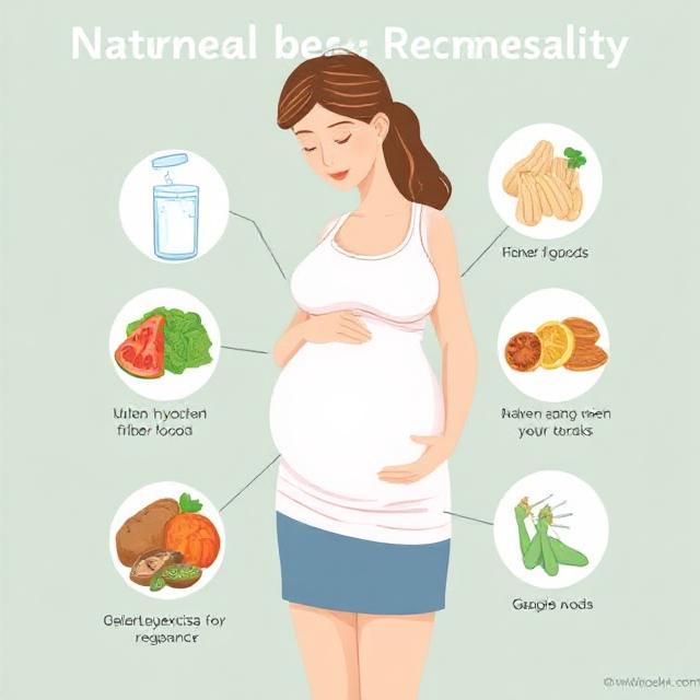 Illustration of a pregnant woman using natural remedies for constipation, including hydration, fiber foods, and gentle exercise
