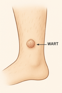 Illustration showing a wart on the lower leg with labeled anatomy for medical education