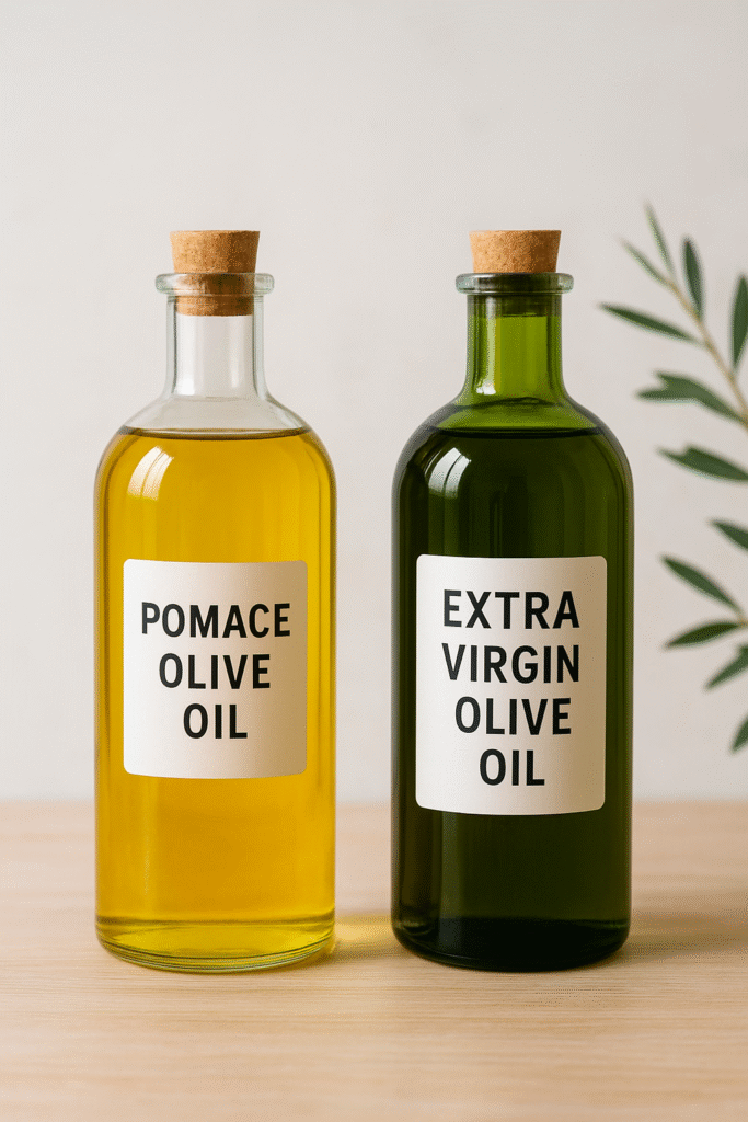 Two glass bottles of olive oil side by side — one pale yellow pomace olive oil and one deep green extra virgin olive oil comparison on natural background.