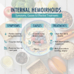 Poster showing key information for internal hemorrhoids, including symptoms, common causes like straining or pregnancy, and effective treatments such as high-fiber diet, sitting cushions, and medical options.