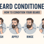 Infographic showing four steps to condition your beard wash, apply conditioner, rinse, and use beard oil for a soft, healthy beard.