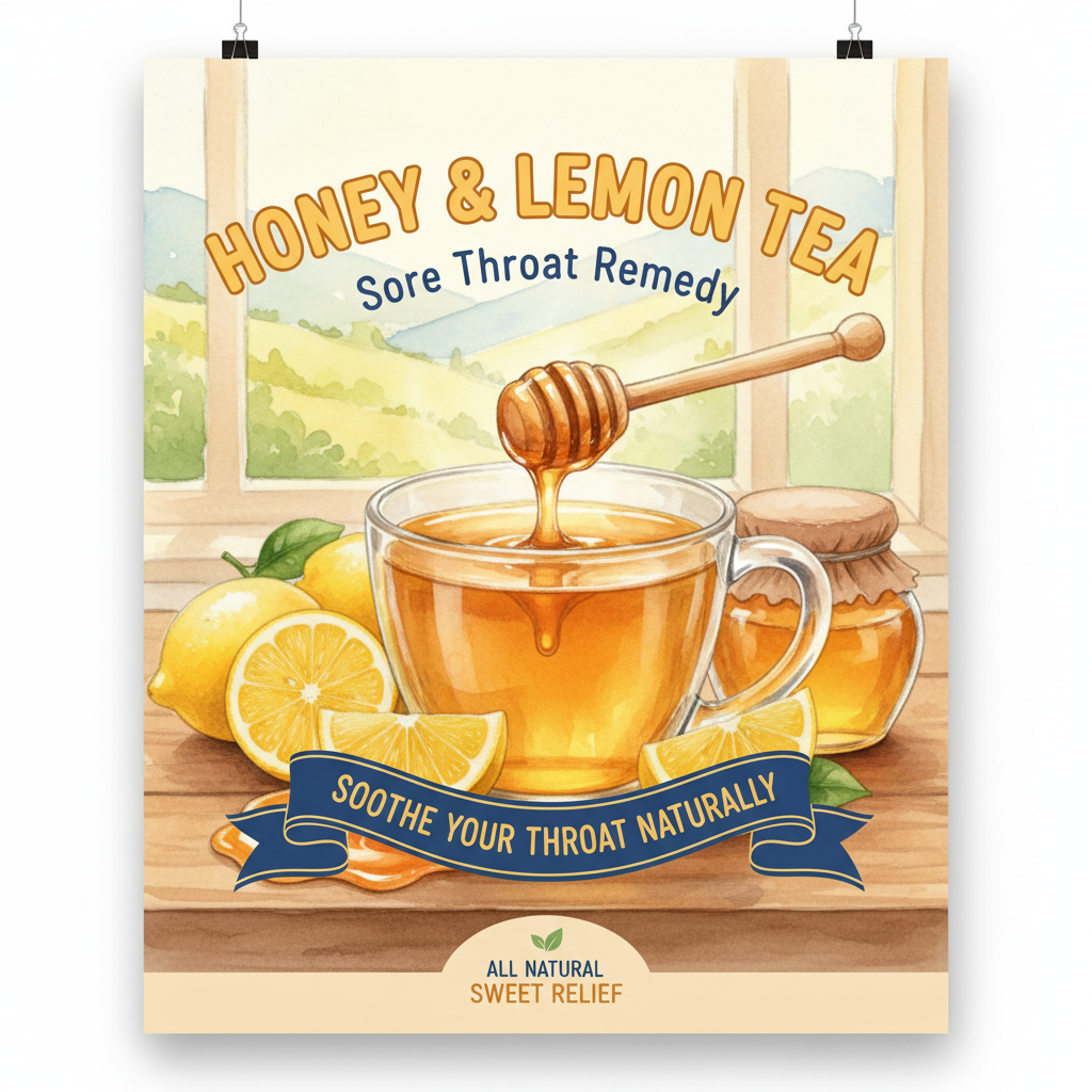 Watercolor illustration of honey and lemon tea, a soothing natural sore throat remedy, with a honey dipper and fresh lemons.